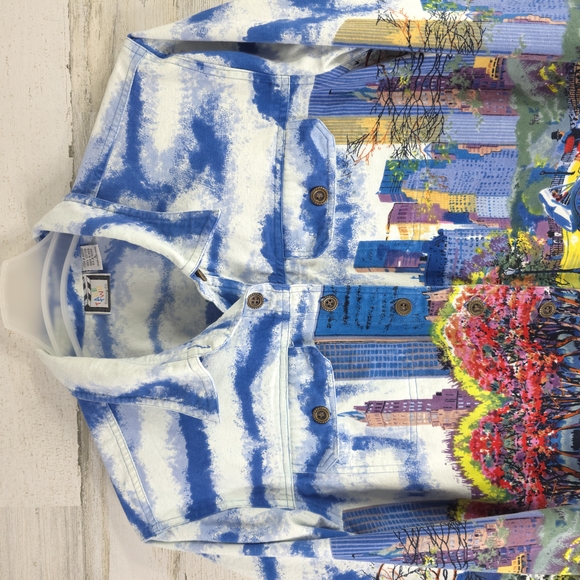 TAKE TWO Colorful Cityscape Denim Jacket WOMENS SIZE LARGE W/POCKETS 100% COTTON - Picture 5 of 16